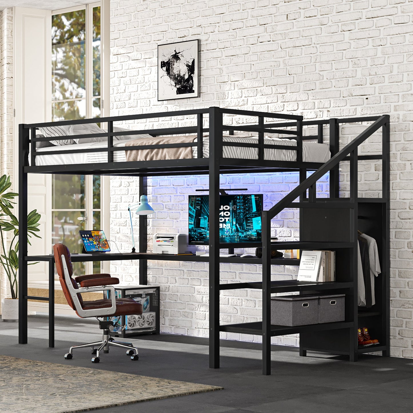 Full Size Loft Bed with L-Shaped Desk and USB