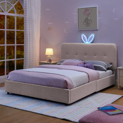 Upholstered Bed With Oversized Rabbit Ear Headboard, LED Lights & 4 Storage Drawers