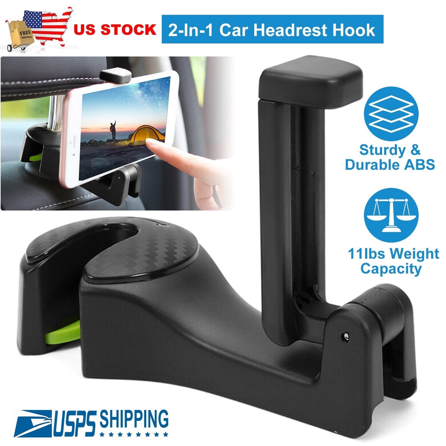 Car Hook Car Seat Back Hook Car Headrest Hook Hanger with Phone Mount Holder Lock Phone Bracket