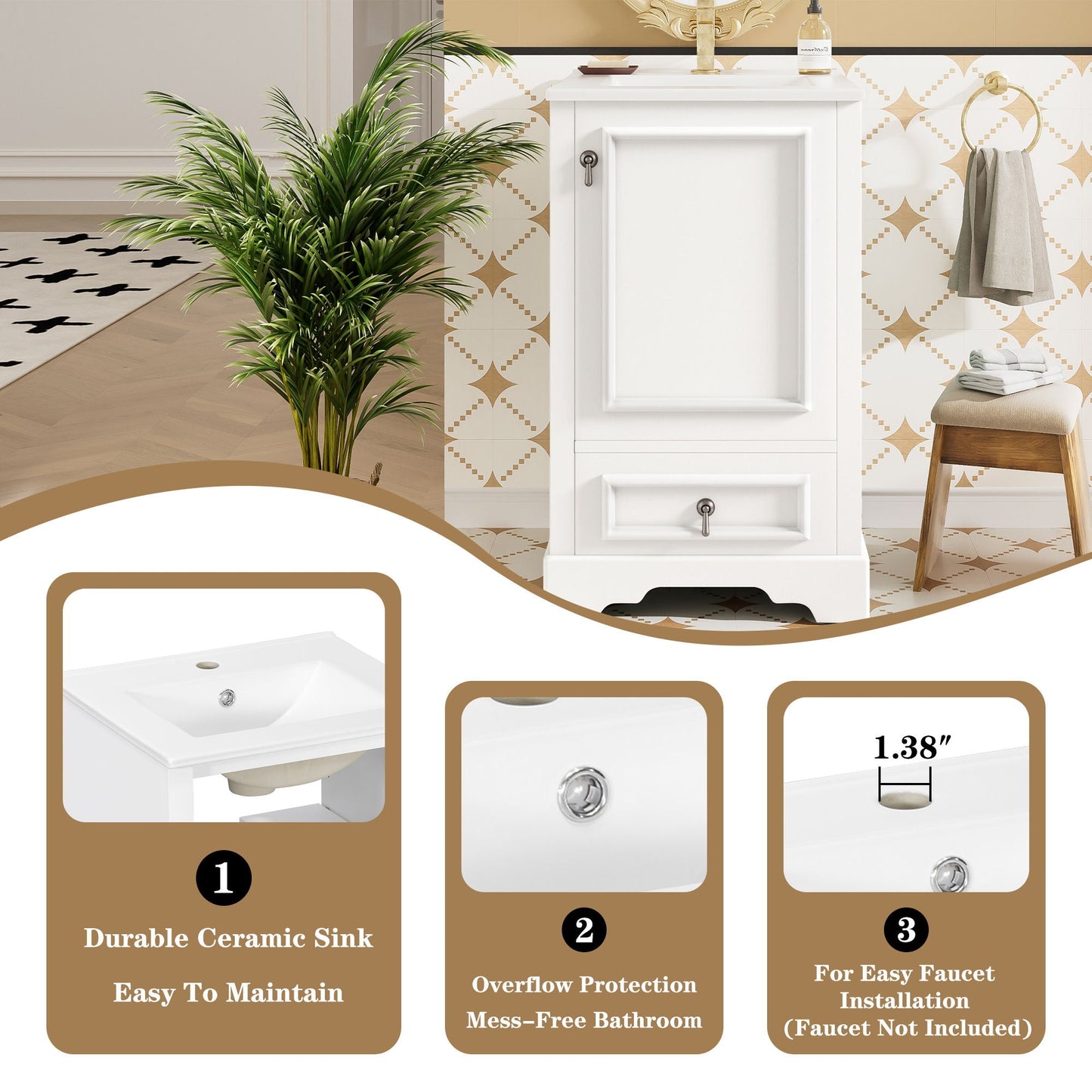 Bathroom Vanity With Sink, Soft Close Door, Adjustable U-Shaped Shelf
