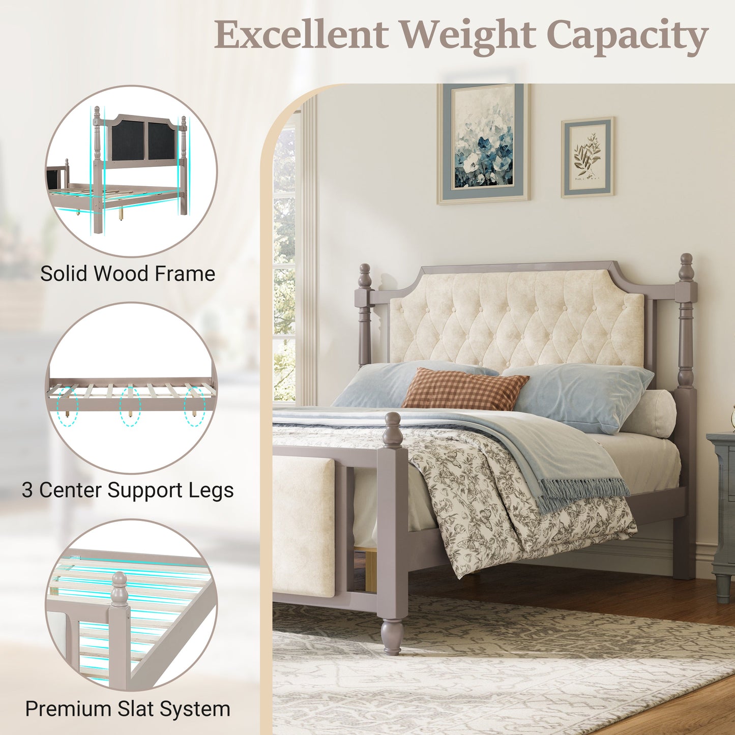Queen Size Upholstered Platform Bed with Button Tufted Headboard