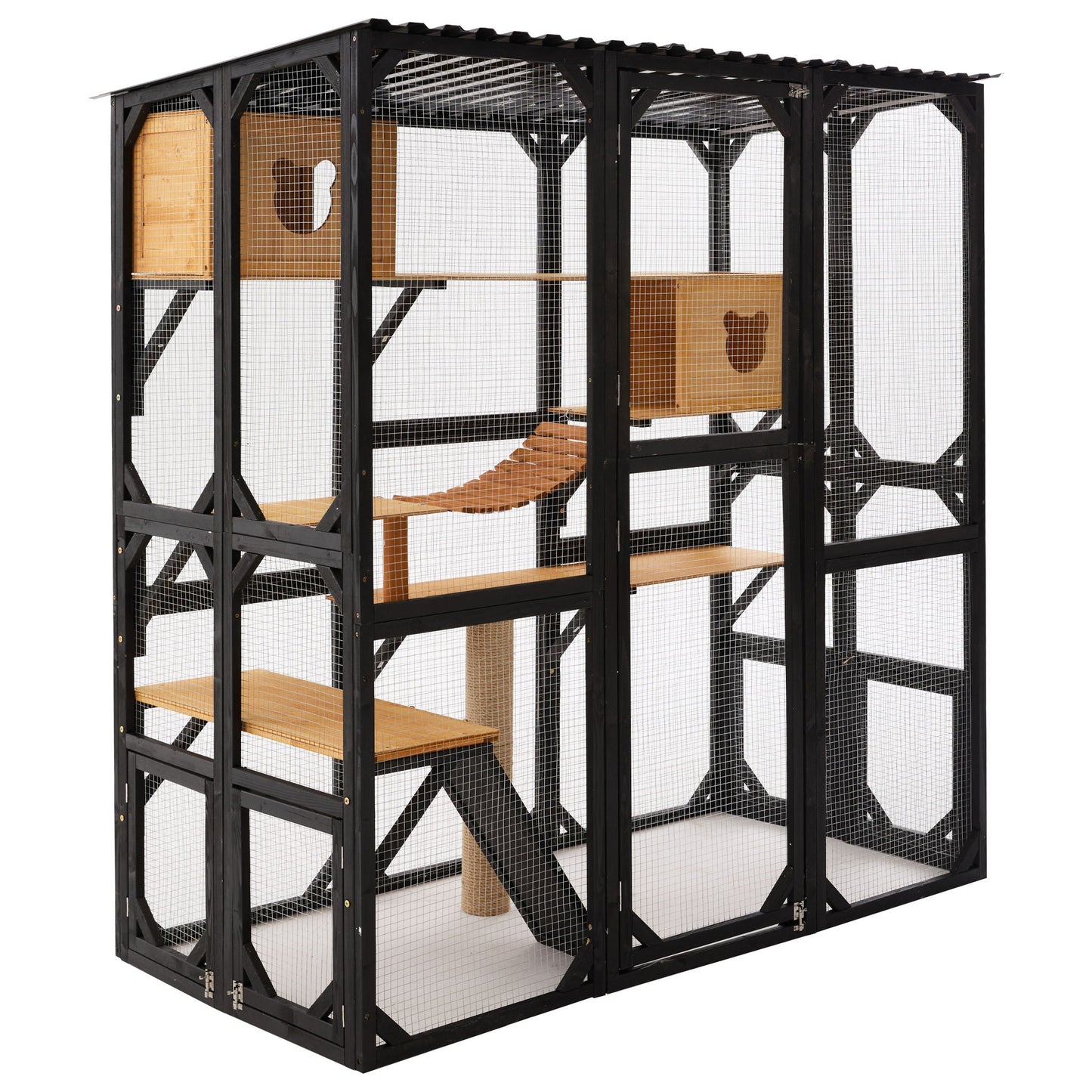Outdoor Cat Enclosure With Sleeping Houses, Jumping Platforms, Scratching Post