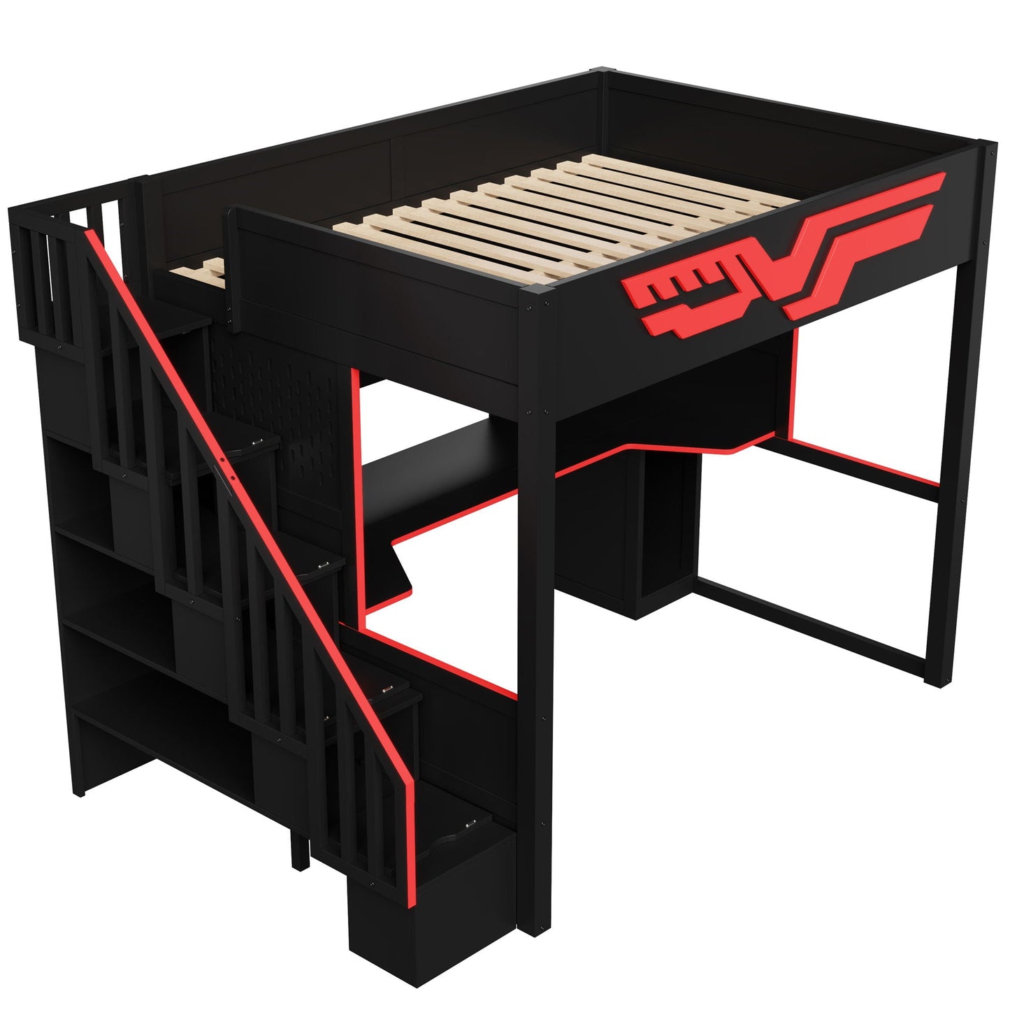 Full Gaming Loft Bed With Desk And Storage Staircase, LED Lights And USB - Red / Black