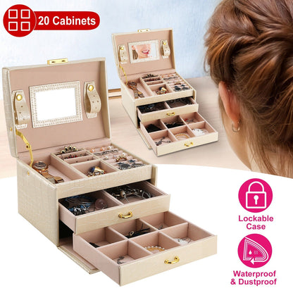 Jewelry Case Organizer 3-layer Lockable Travel Jewelry Box PU Leather Storage Display Case with Mirror Protective for Bracelets Earrings Rings Necklac