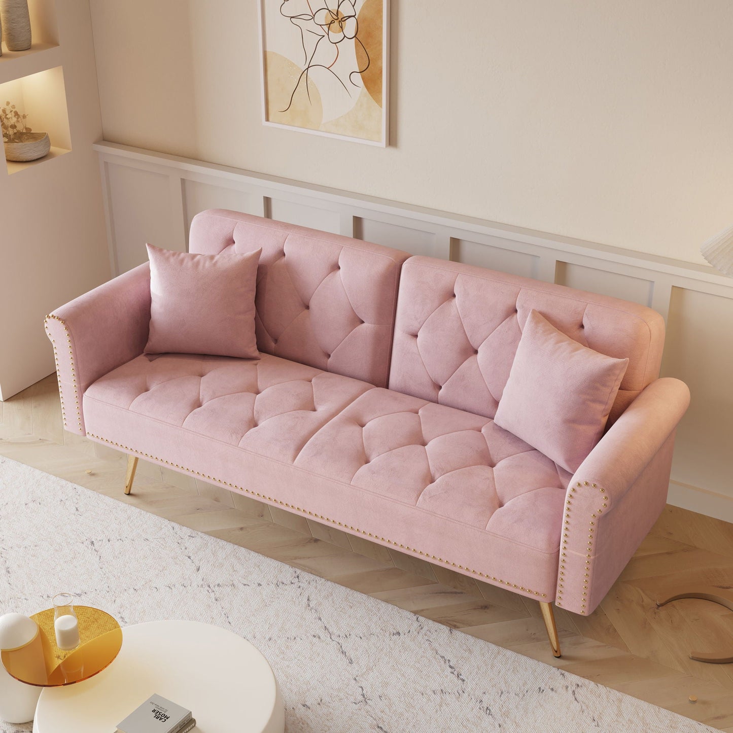 Luxurious Sofa Bed With Nail Head Trim And Matching Pillow