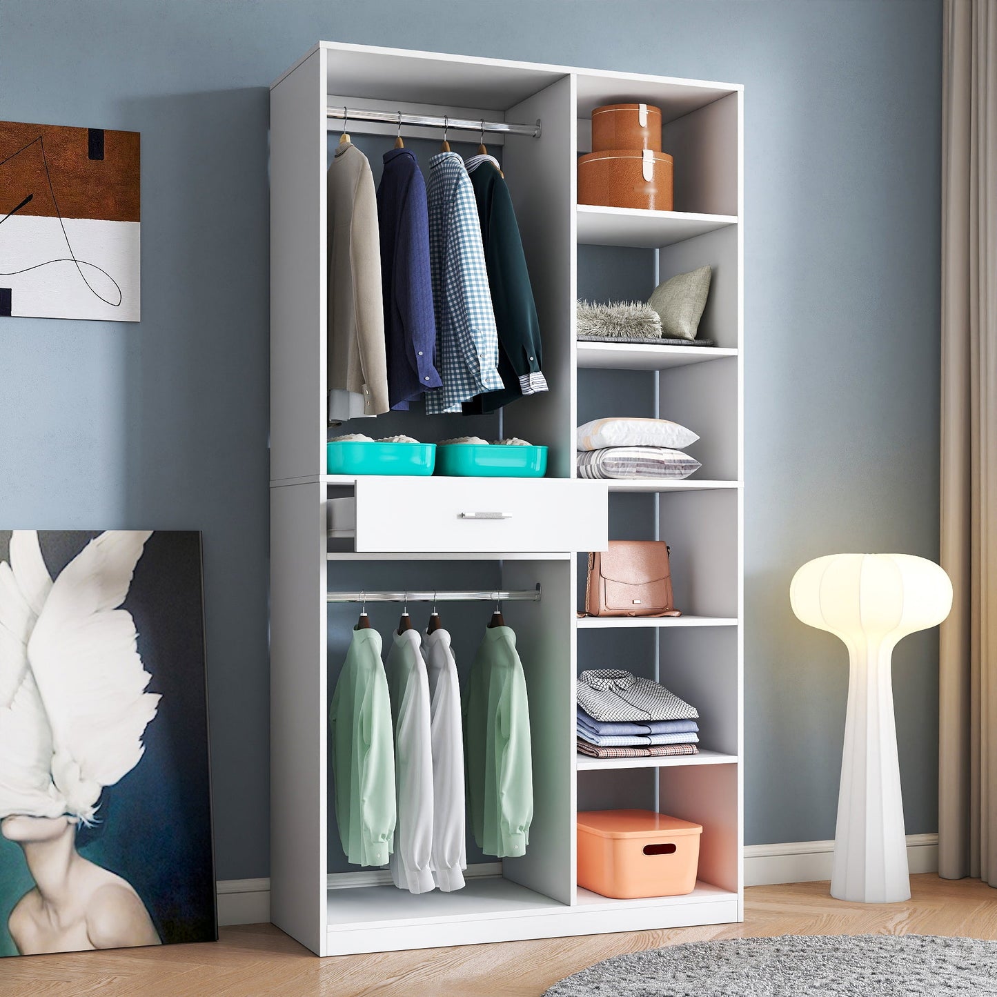 Freestanding Closet System with 6 Open Shelves and 2 Hanging Rods