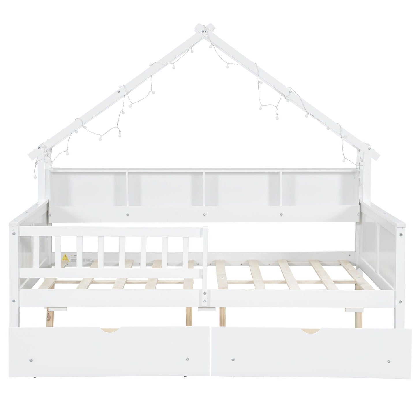 House Style Platform Bed With LED Lights, Storage Shelves, Drawers, And Guardrail