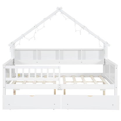House Style Platform Bed With LED Lights, Storage Shelves, Drawers, And Guardrail