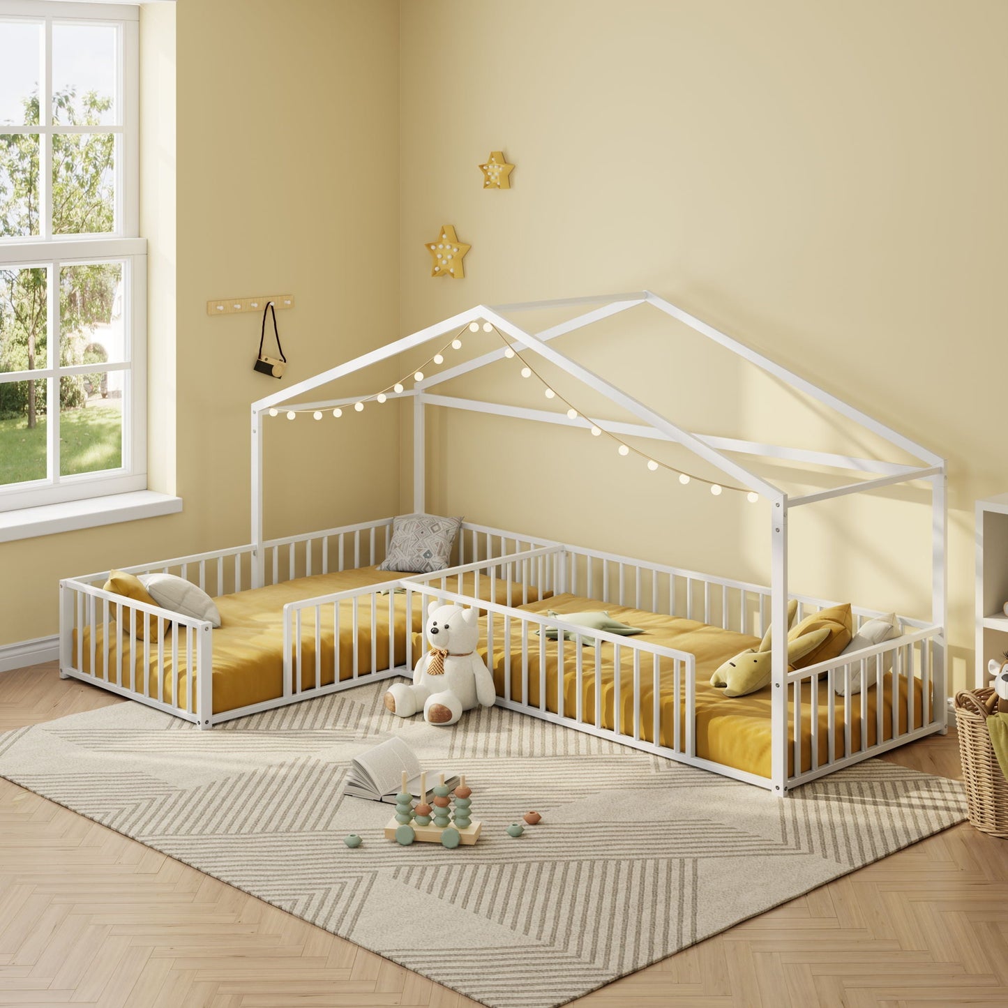 L-Shaped Montessori Bed For 2 Kids With Partitioned Fence