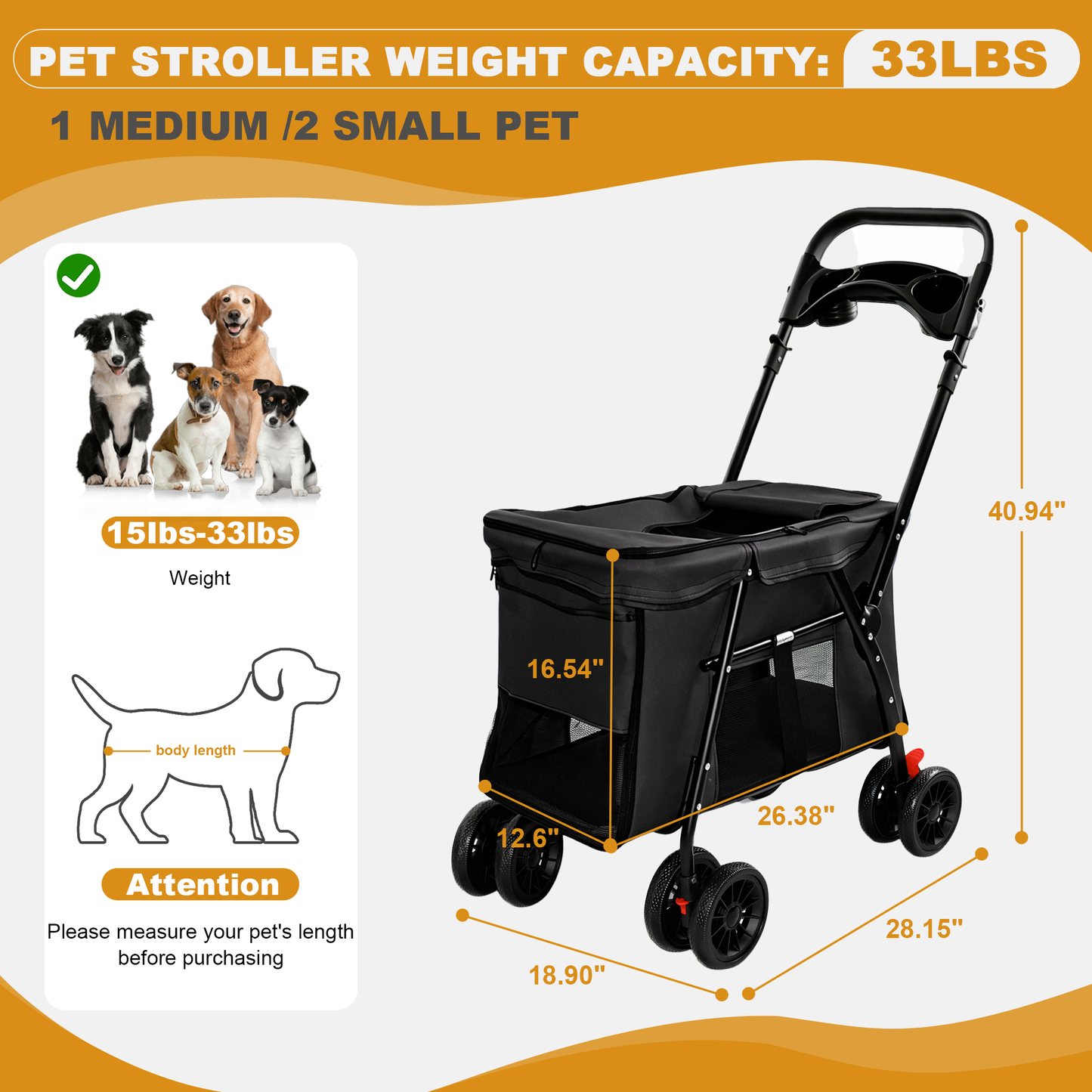 Pet Stroller Foldable 4-Wheel Design with Breathable Mesh