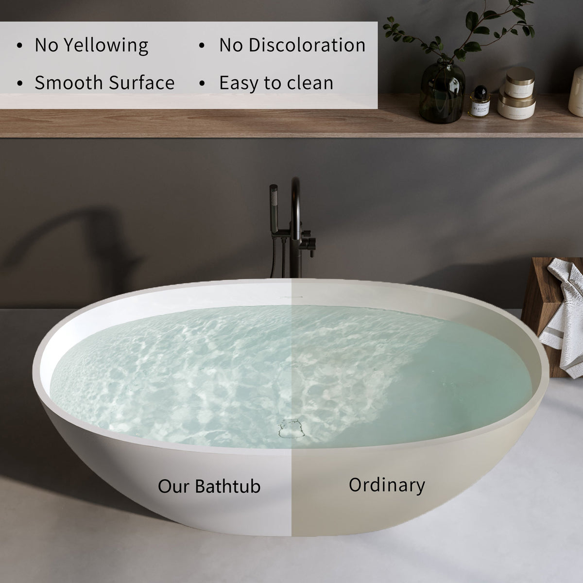 66.9″ Solid Surface Matte Tub - Freestanding Soaking Bathtub