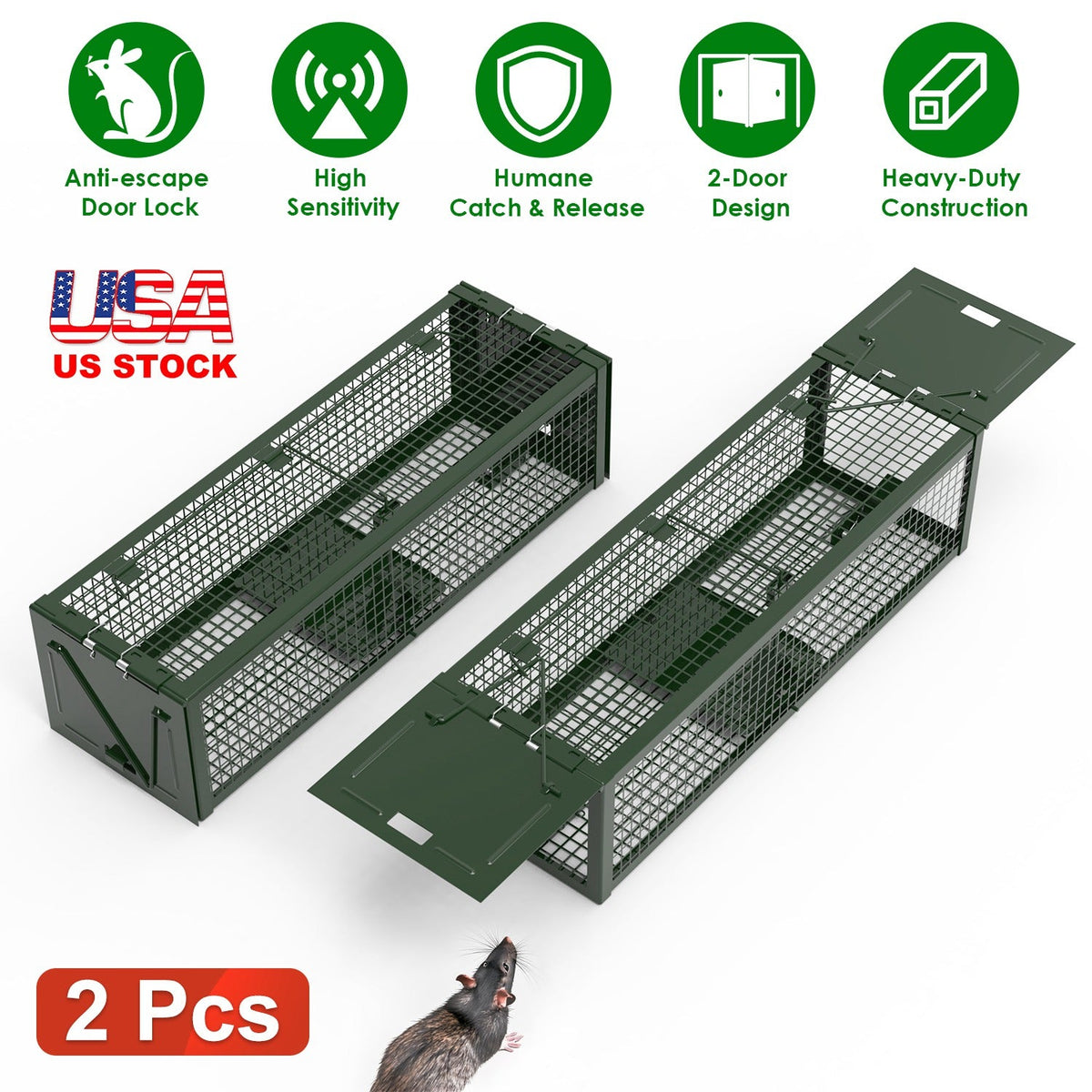 2-Pack Humane Live Rat Trap Cage with Dual Doors