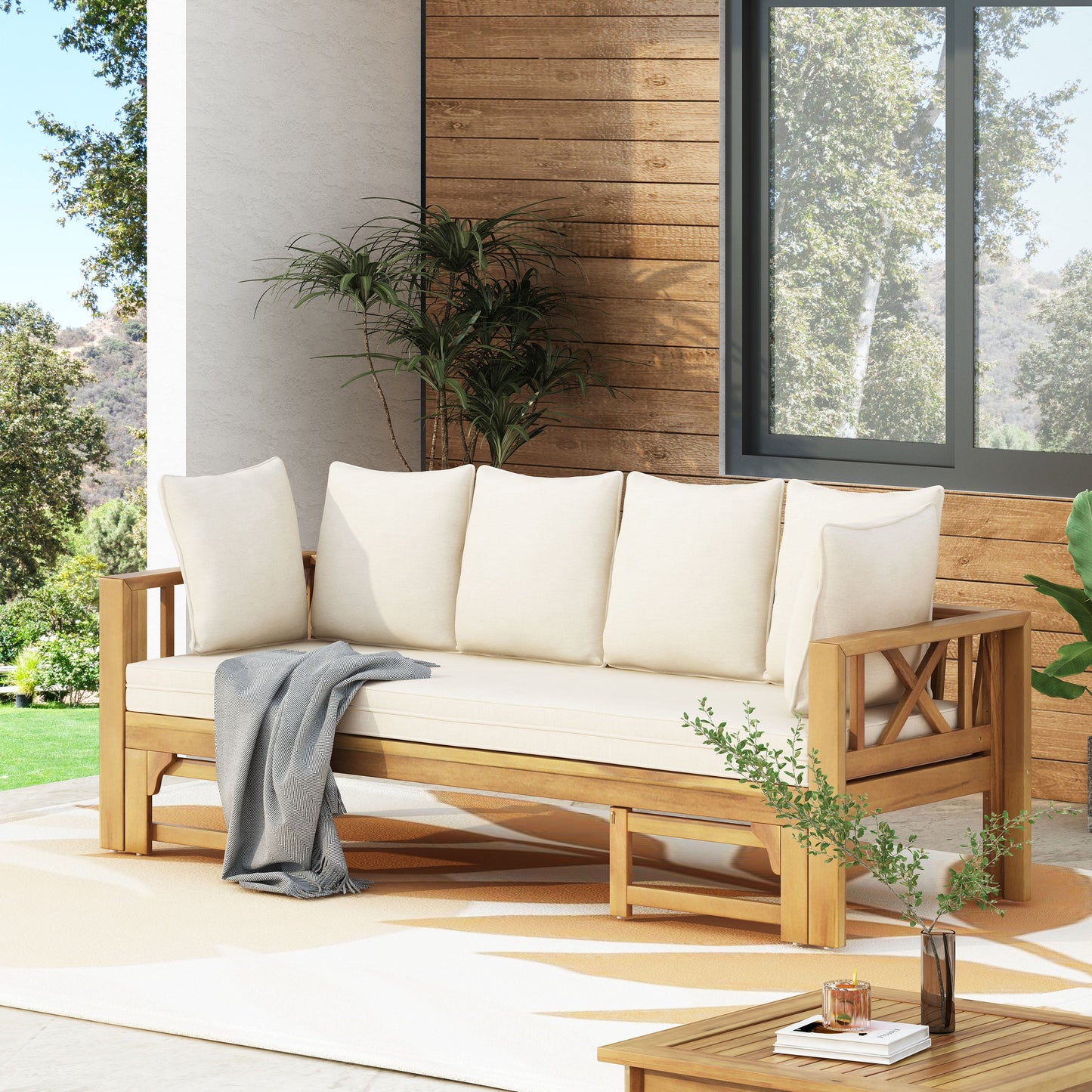Outdoor Extendable Acacia Wood 3 Seater Sofa