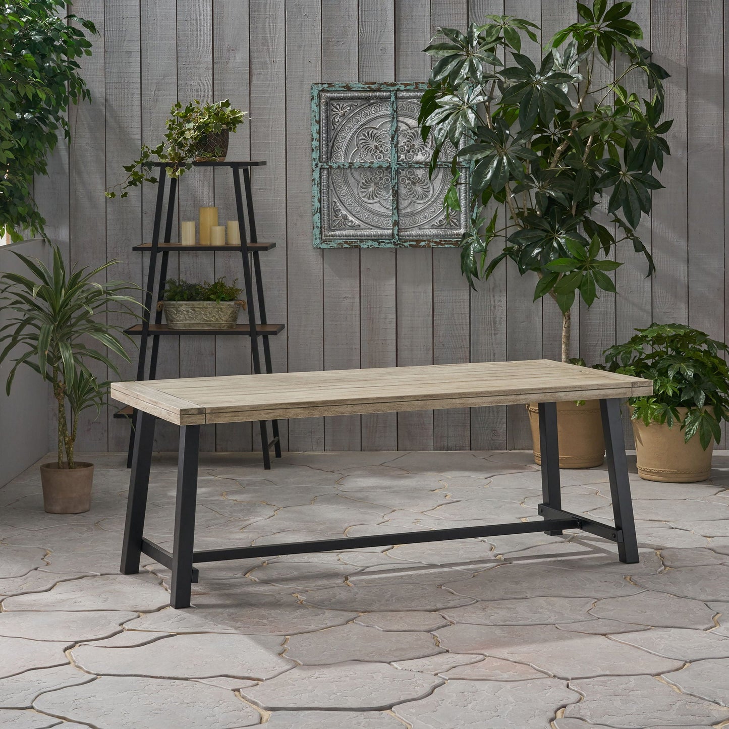 Equilibrium Outdoor Dining Table with Wooden Frame and Slat Top