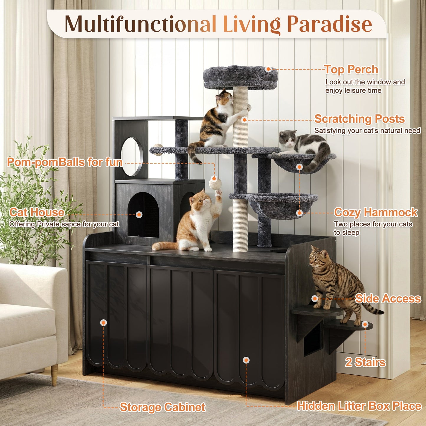 50.6" Cat Tree with Litter Box Enclosure and Sisal Scratching Post
