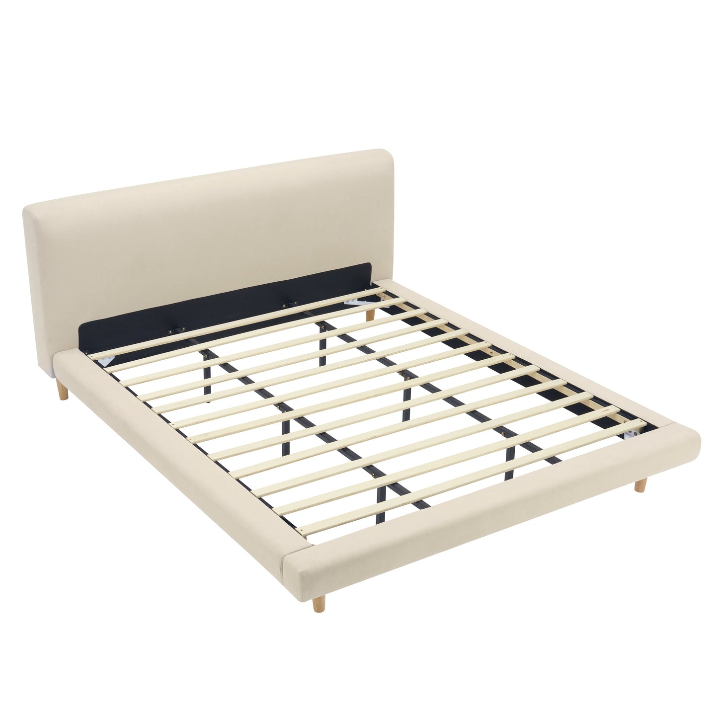 Beige Chunky Headboard Bed Frame with Solid Rubberwood Legs, Cal-King