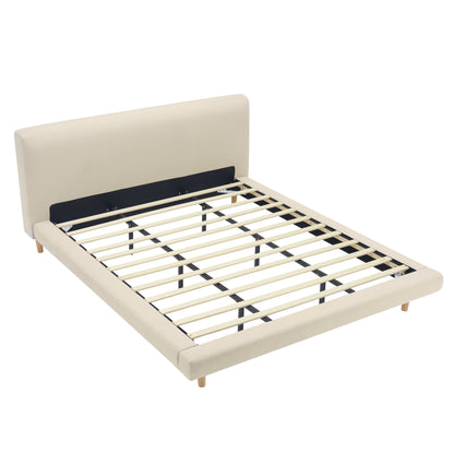 Beige Chunky Headboard Bed Frame with Solid Rubberwood Legs, Cal-King