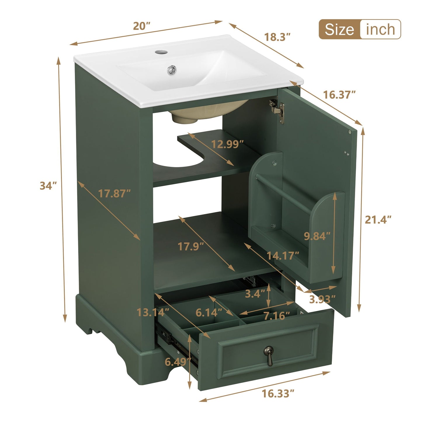 Bathroom Vanity With Sink, Soft Close Door, Adjustable U-Shaped Shelf