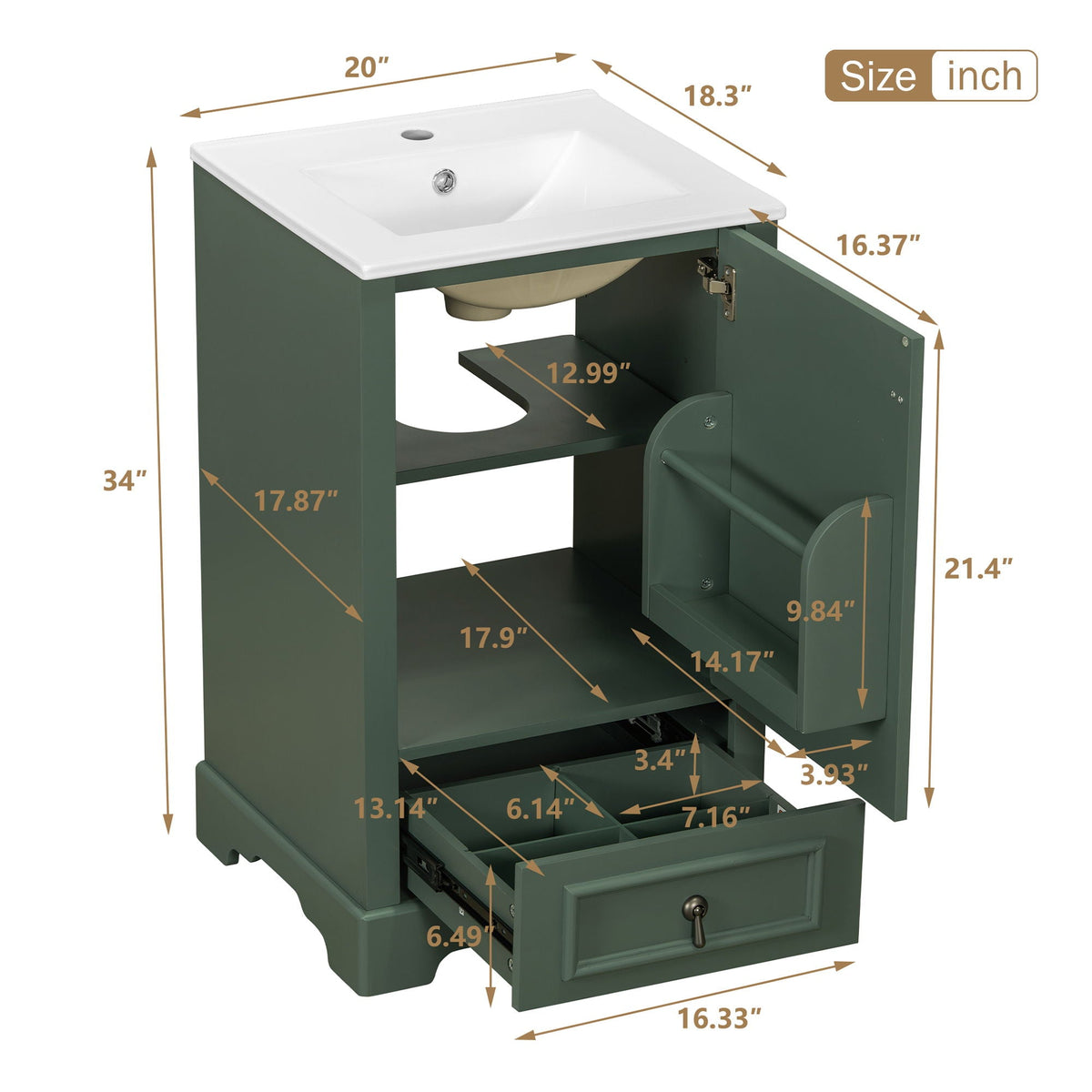 Bathroom Vanity With Sink, Soft Close Door, Adjustable U-Shaped Shelf