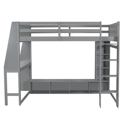 Gaming Loft Bed With Desk, Multi Storage Shelves, LED Lighting, And Hanging Clothes Rack