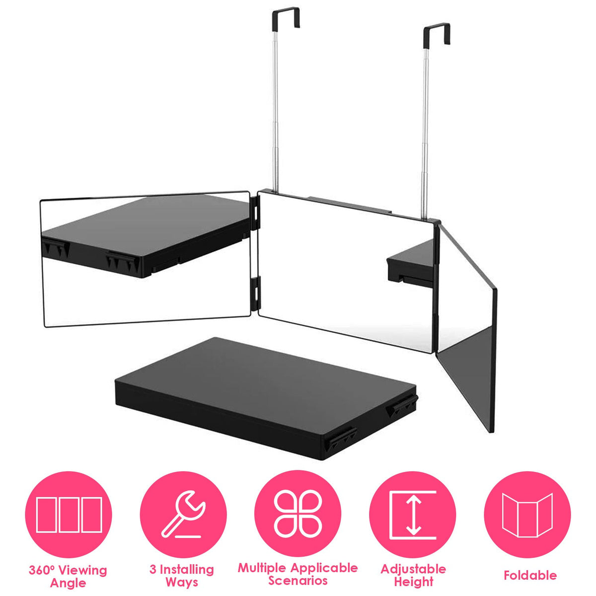 3 Way Mirror with Telescopic Hanger Tri-fold Mirror Personal Makeup Mirror for Self Shaving Hair Cutting Dyeing Curling Braiding