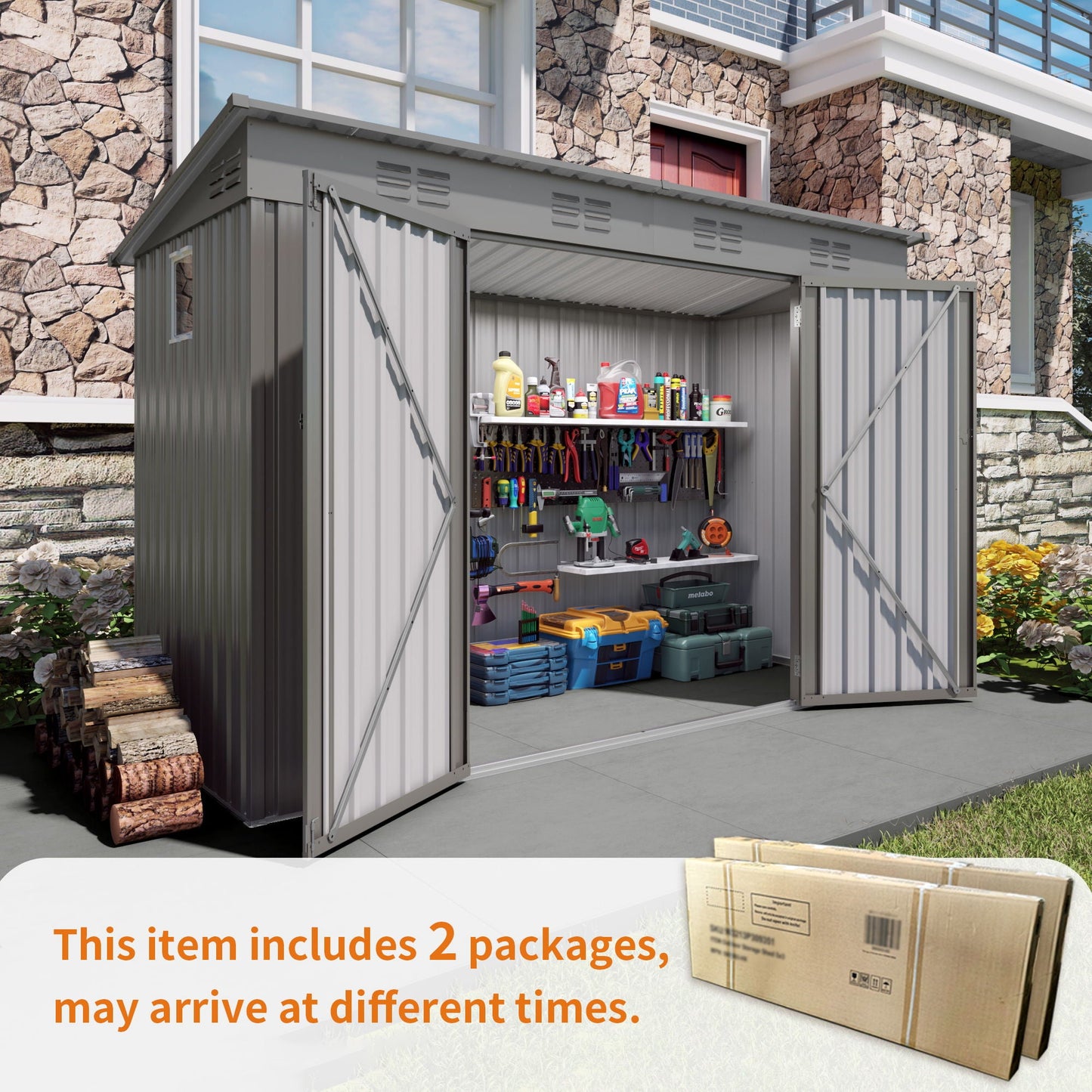 Outdoor Storage Shed, Tool House With Sloping Roof, 6 Vents And 2 Swing Doors For Backyard - Gray