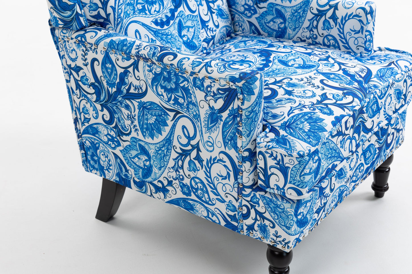 Upholstered Accent Chair with Blue and White Porcelain Print Linen Fabric