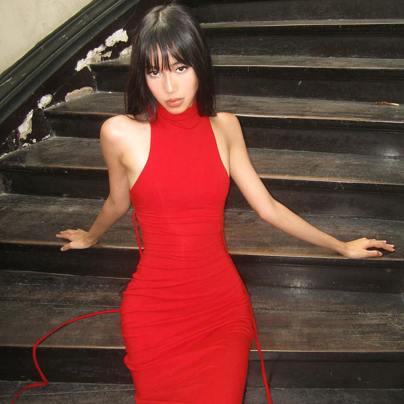 Hollow Out Sleeveless Hanging Neck Dress At Back