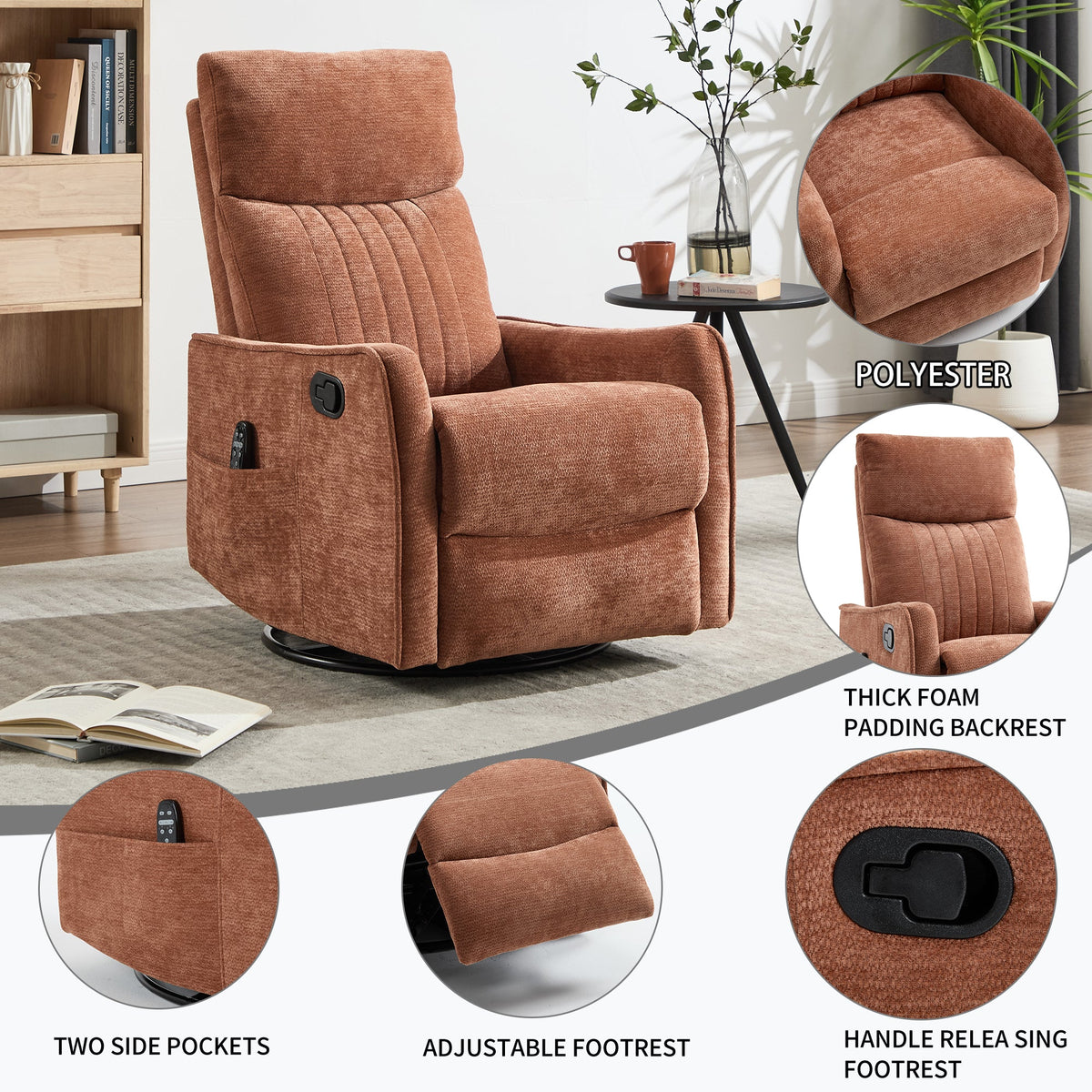 Orange Heat Massage Manual Recliner Chair with Rocker and Swivel