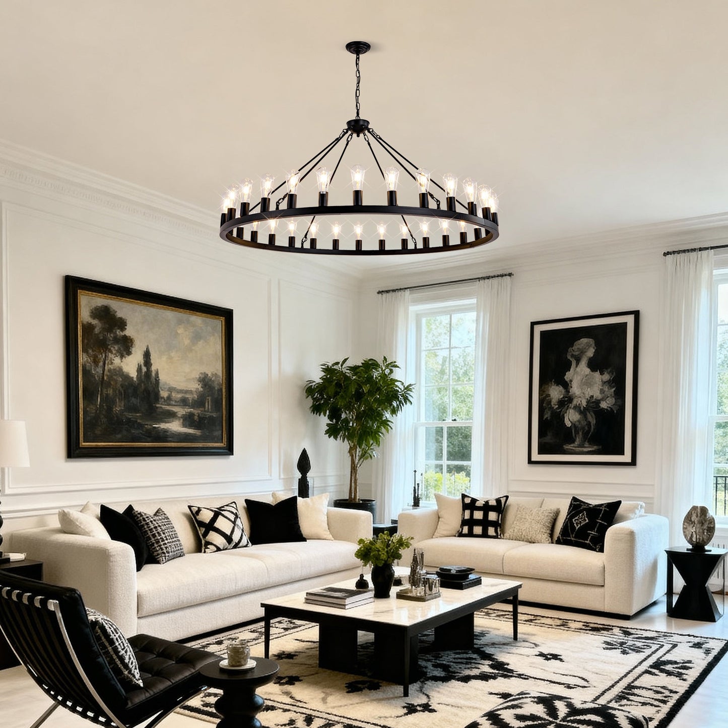 64 Inch Matte Black Wagon Wheel Chandelier With 30 Lights
