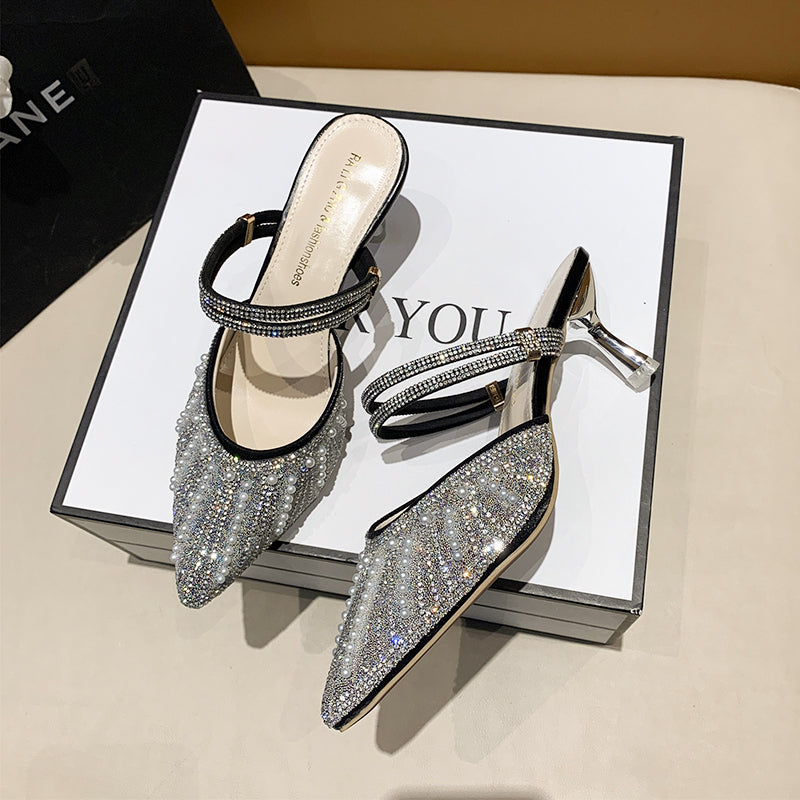 Women Pearl Rhinestone Pointed Toe High Heel Slippers, 2026 New Korean Fairy Style Thin Heel Single Strap Sandals For Outdoor Wear