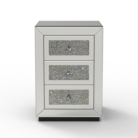 3 Drawer Nightstand With Glass Accents, Bedside Table For Bedroom - Silver