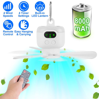 2 In 1 Portable Camping Fan with LED Lantern 8000mAh Battery Powered Tent Fan with Carabiner Digital Display 4 Speeds 4 Timer Settings for Camping Can