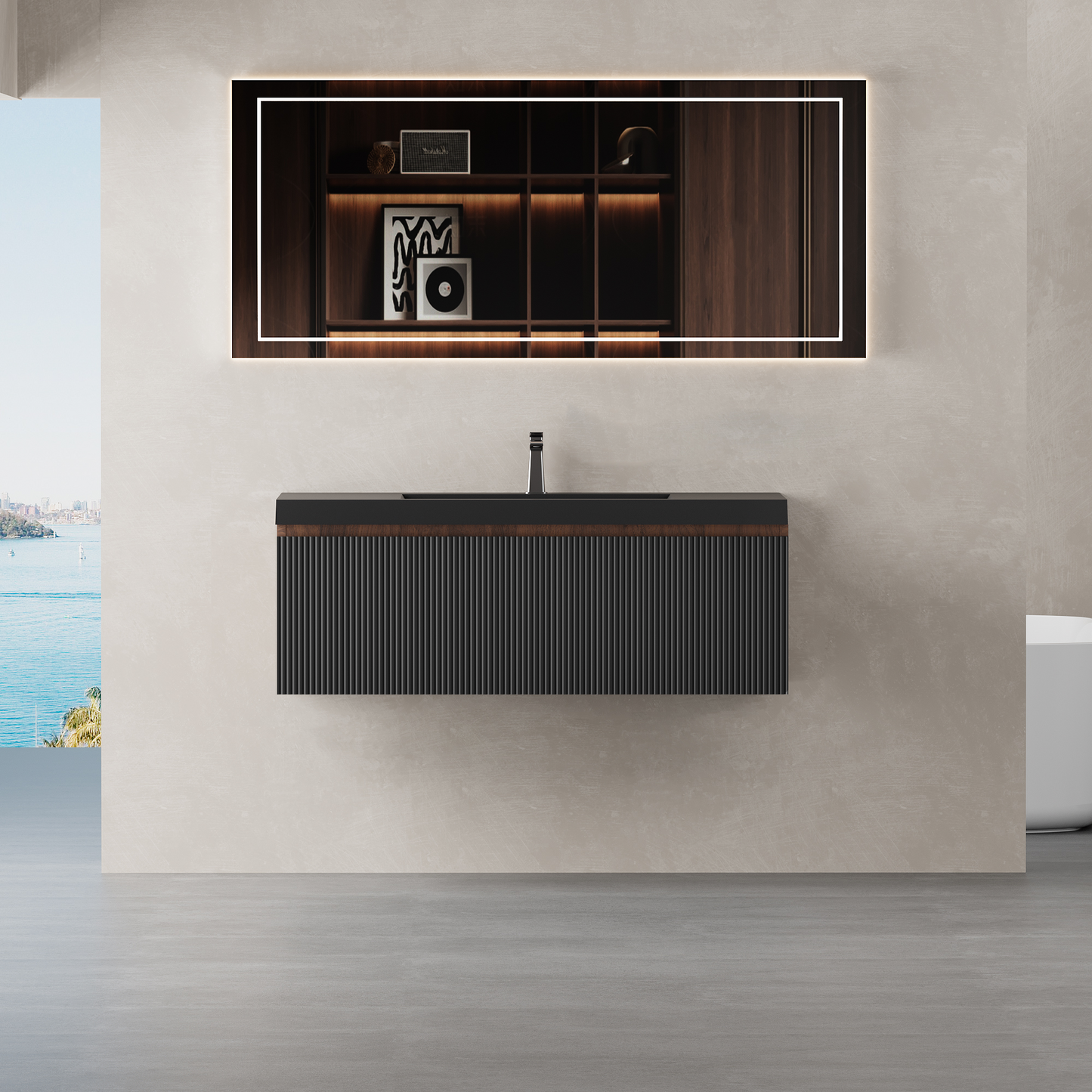 42" Floating Bathroom Vanity with Sink and Striped Storage Cabinet