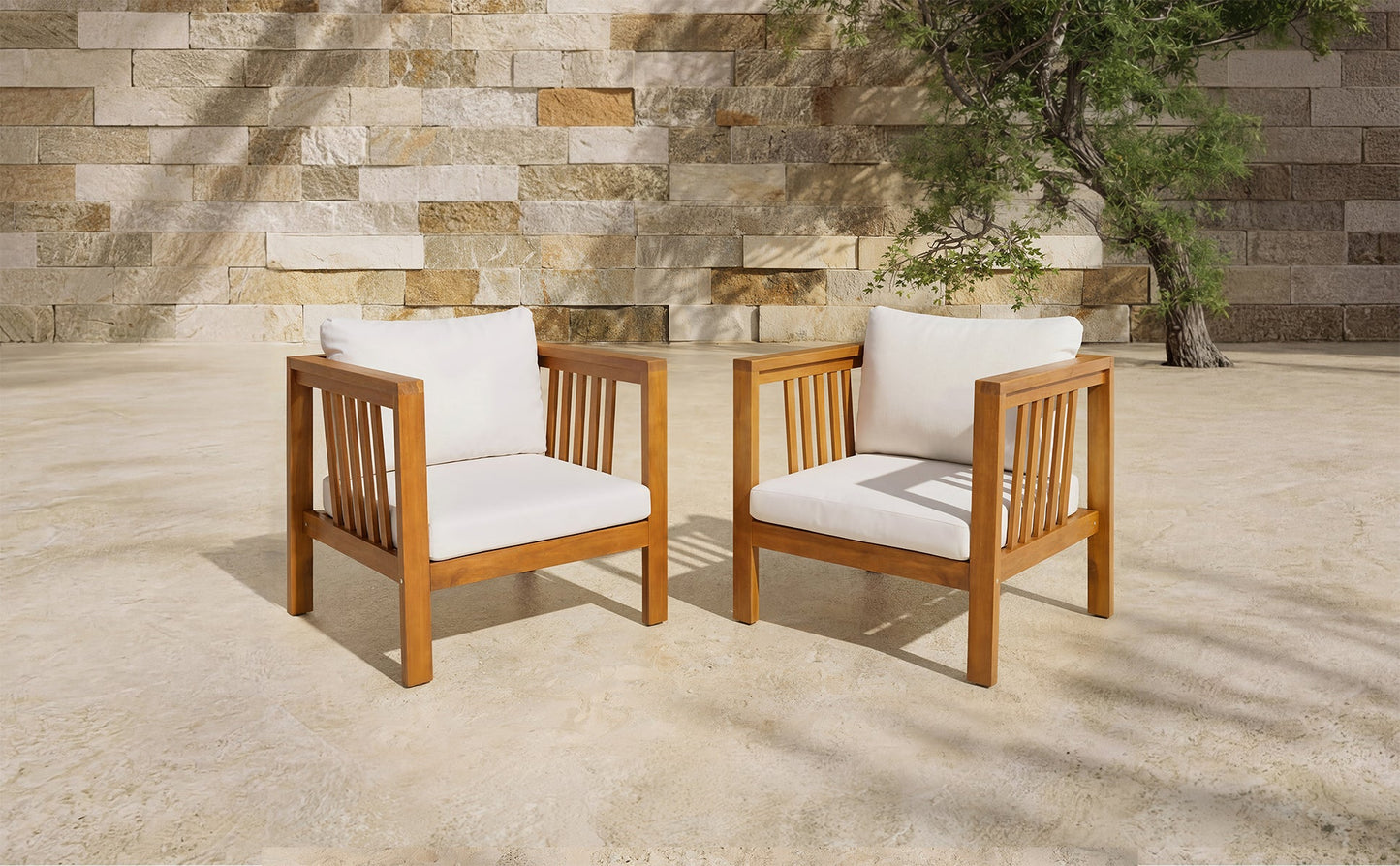 Set of 2 Outdoor Acacia Wood Club Chairs with Modern Square Arms