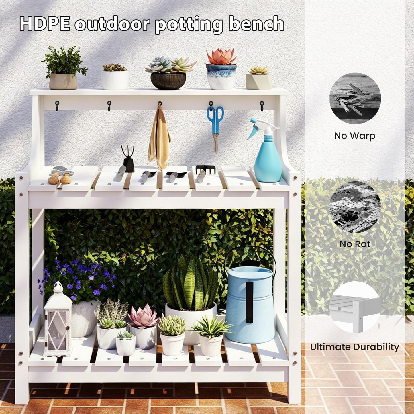Potting Benches for Outside, HDPE Garden Potting Table with Storage