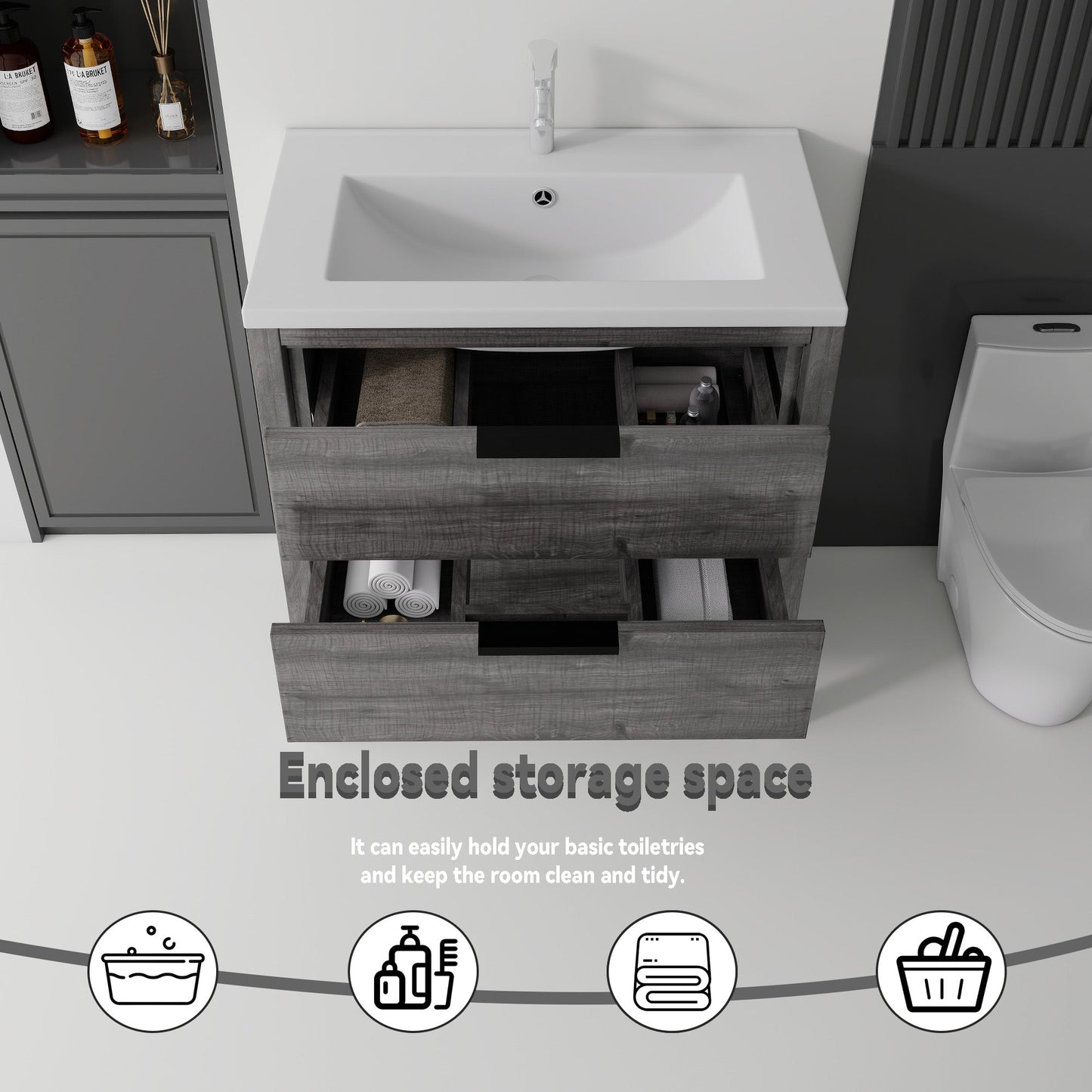 36 Inch Freestanding Bathroom Vanity with Sink, Soft-Close Drawer, Ceramic Sink, Plywood