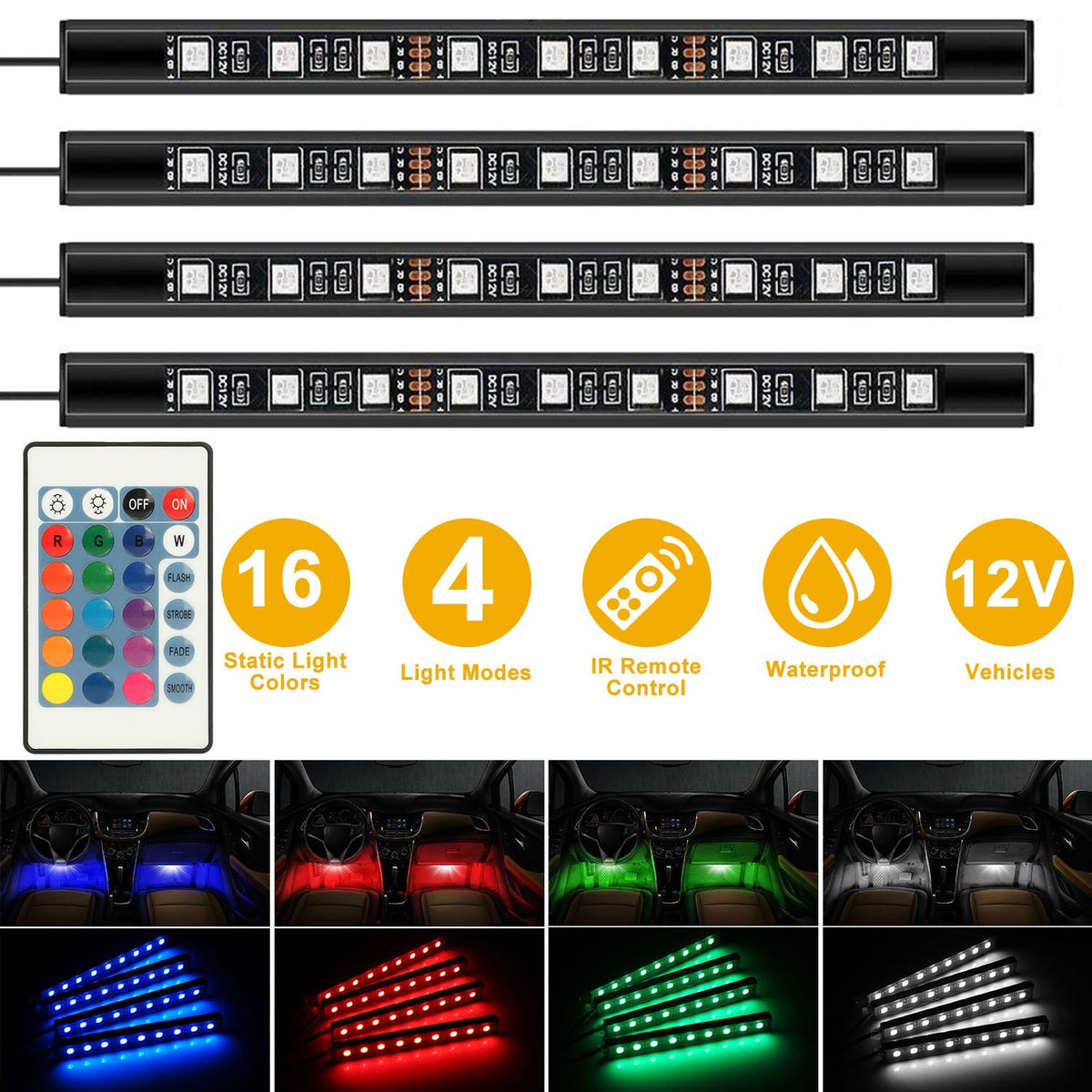 4PCS 36LEDs 12V Car Atmosphere Light Strip IP65 Colorful RGB LED Neon Lights IR Remote