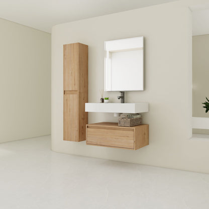 Modern Wall Mounted 30 Inch Bathroom Vanity With Resin Sink And 2 Side Cabinet In Imitative - Imitative Oak