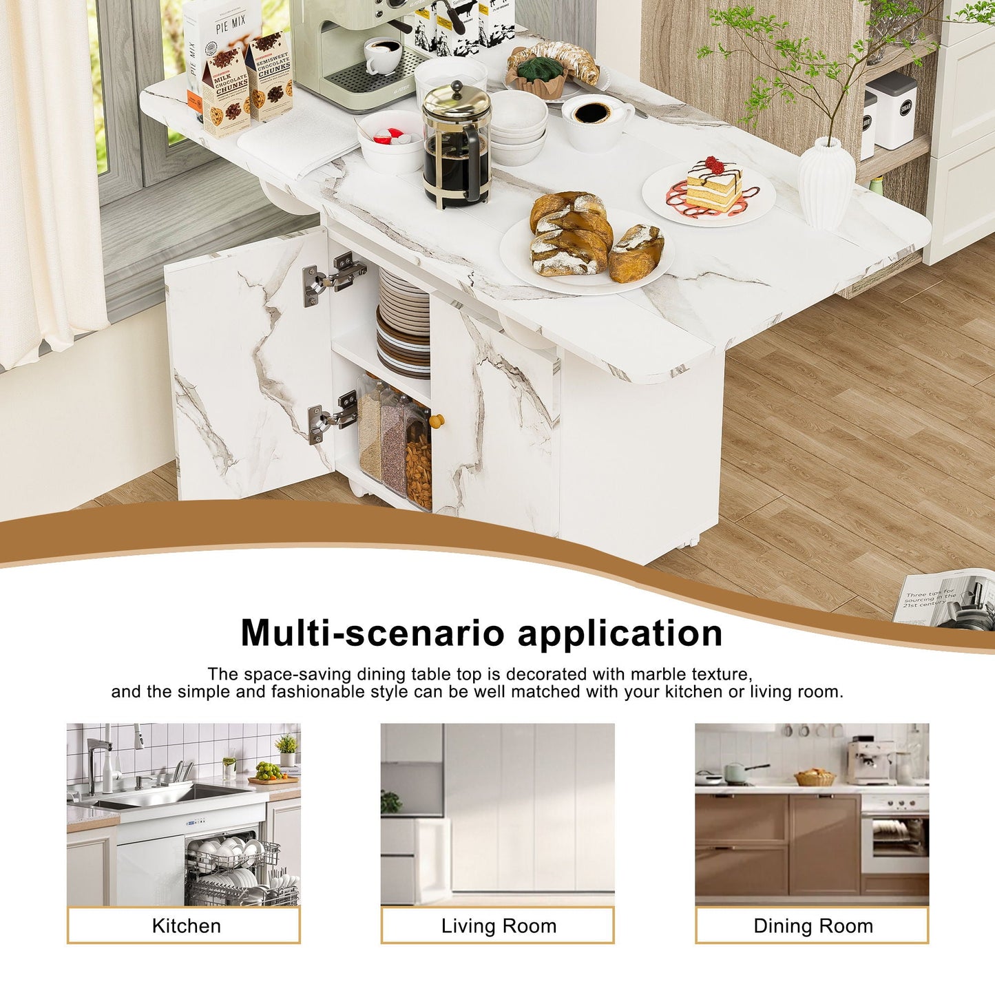 Versatile Marble Folding Dining Table With Storage Rack And Cabinet, 6 Wheels - White
