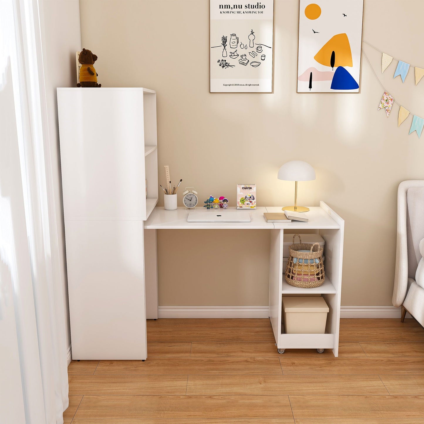 Stretchable Office Desk With Storage Shelves And Mobile Wheels
