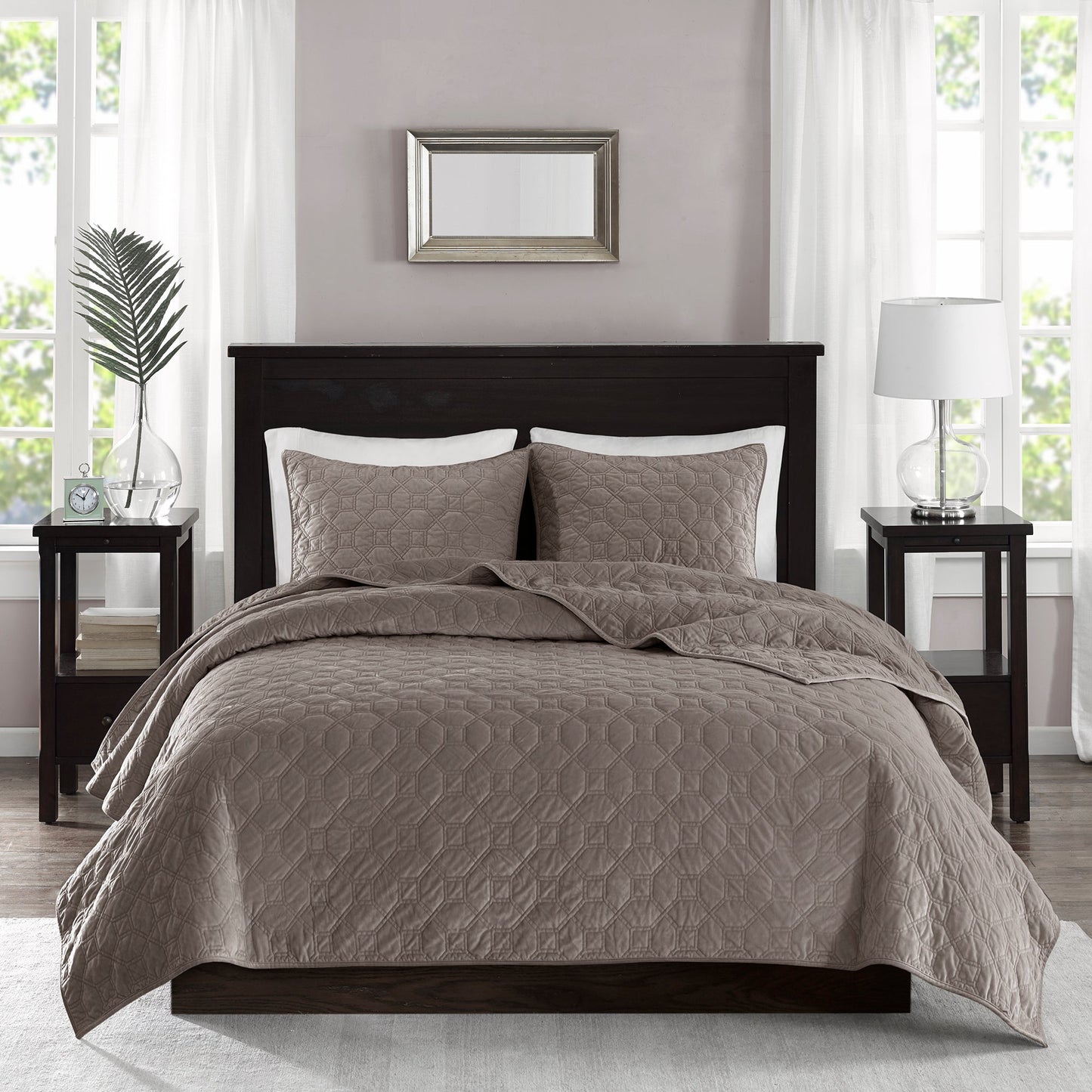 3 Piece Velvet Quilt Set Taupe Full/Queen