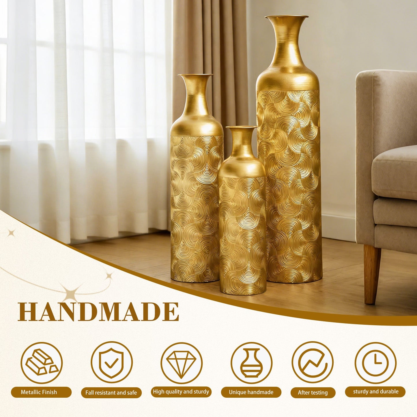 3 Pack Semi-Handcrafted Gold Metal Vase Collection