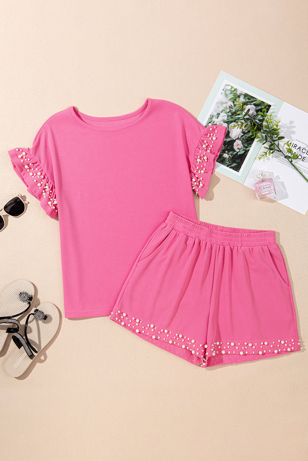Honey Textured Pearled Ruffle Sleeve 2 Piece Set
