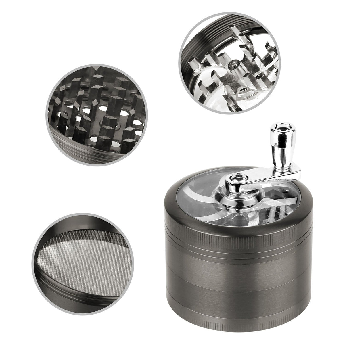 Herb Spice Tobacco Grinder 2.5-inch 4-Piece Zinc Alloy Hand Crank Crusher Kitchen Mill with Pollen Scraper