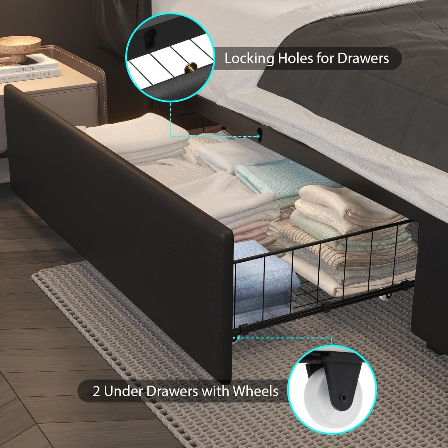 Wingback Upholstered Bed Frame With LED Lights, Charging Station