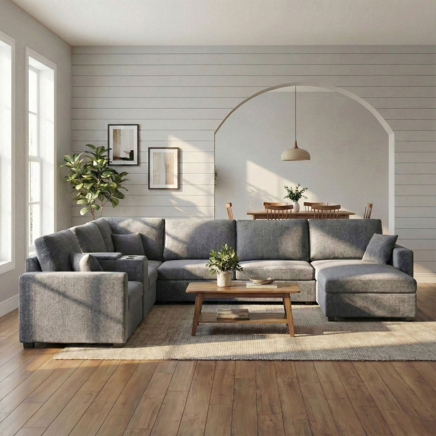 Modular 5 Seat U-Shape Sectional Sofa With Chaise Lounge, Built In Cup Holders And Storage Drawer