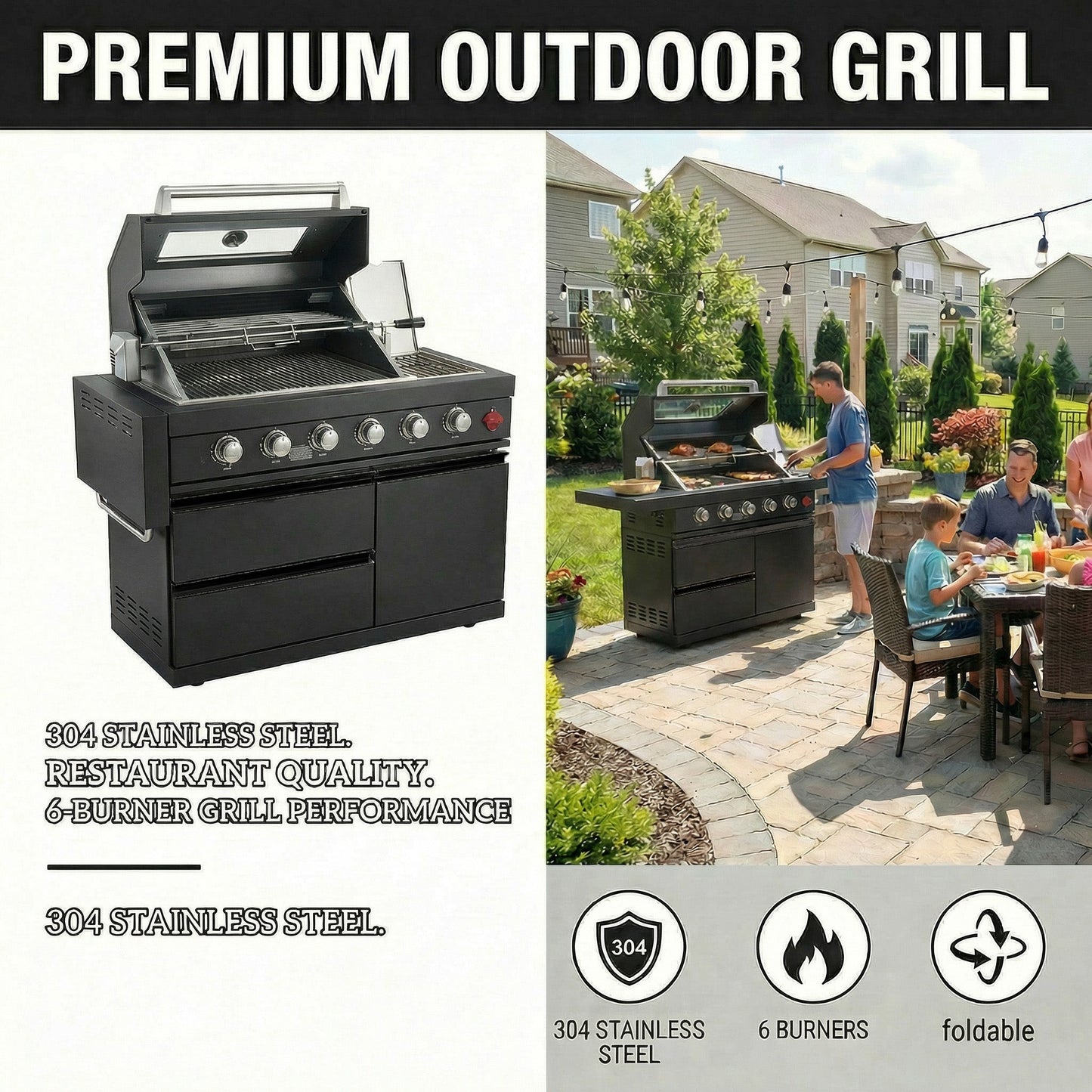 46-Inch 75300 BTU 6-Burners Deluxe Stainless Steel Gas Outdoor Kitchen Barbecue Grill