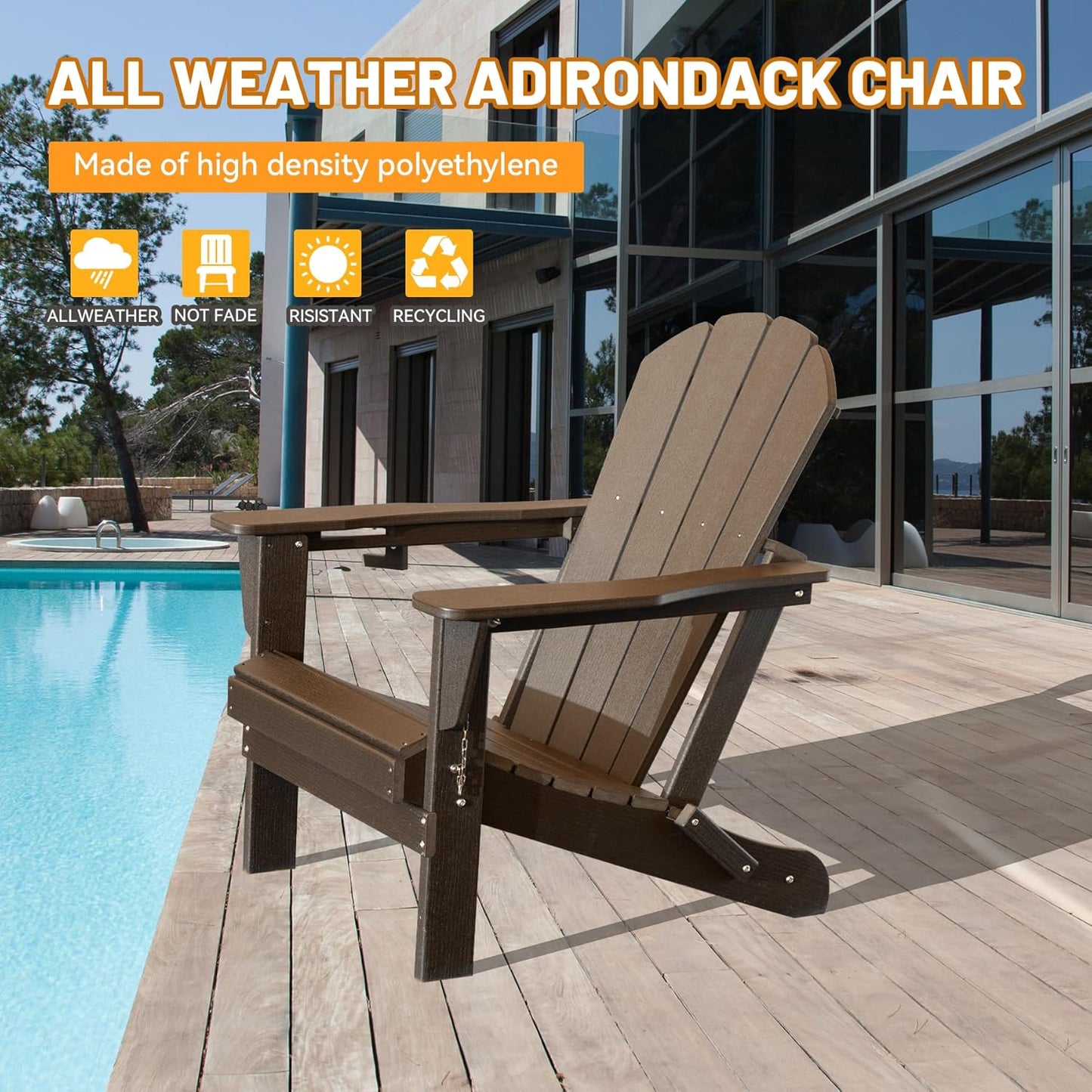 Adirondack Chair, Folding HDPE Outdoor Seating with Cup Holder