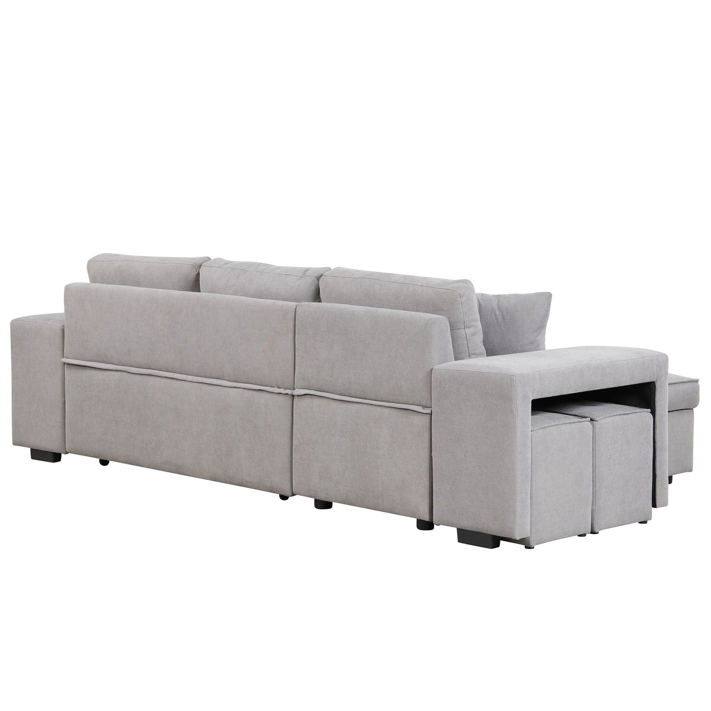 Modern L-Shape 3 Seat Reversible Sectional Couch, Pull Out Sleeper Sofa With Storage Chaise And 2 Stools For Living Room Furniture Set